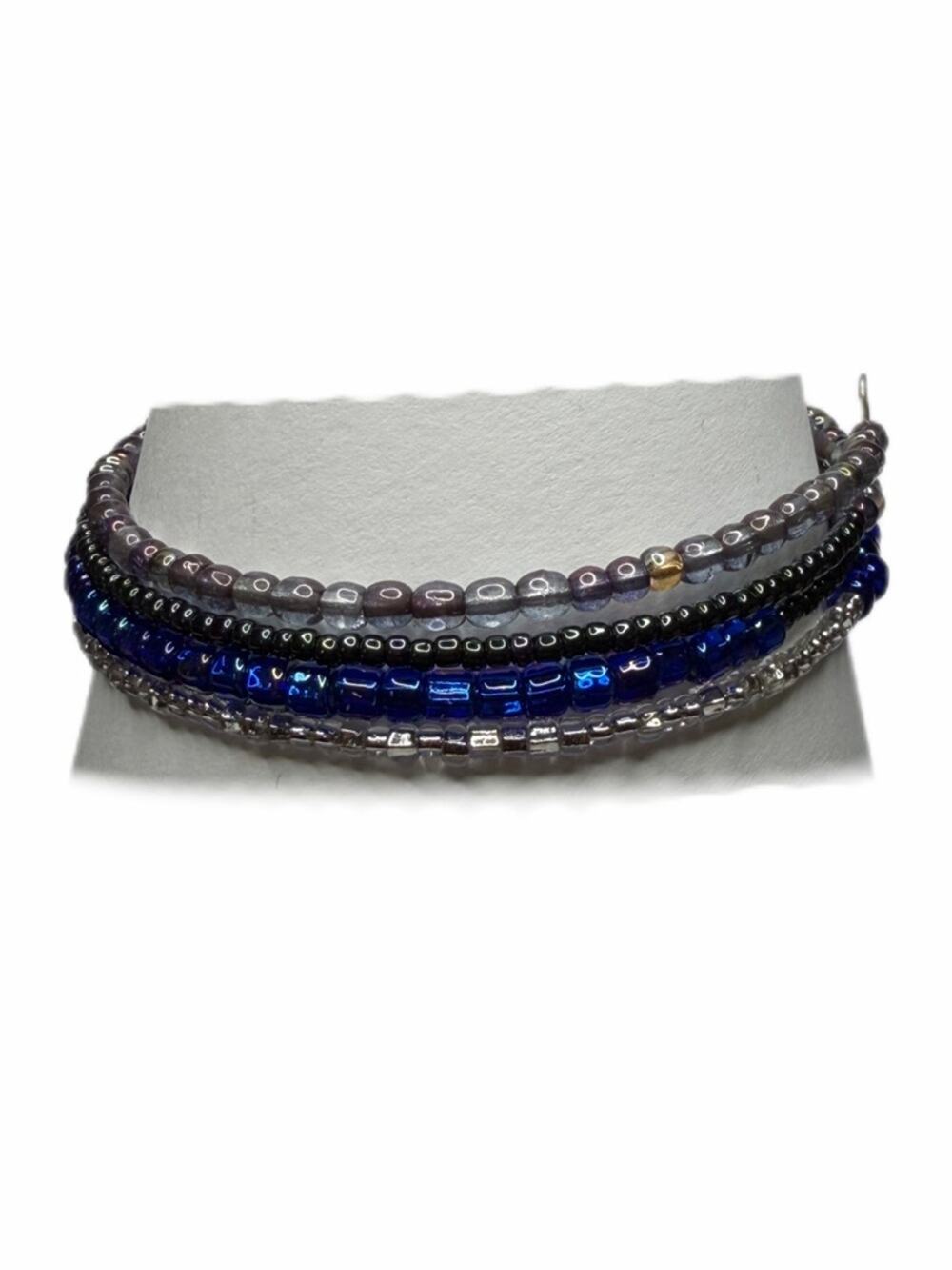 Blue and Silver Seed Bead Bracelet memory wire handmade